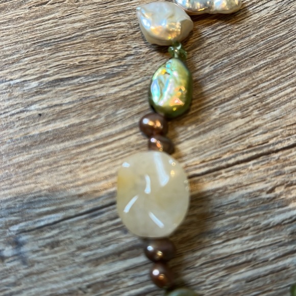 Pearl Necklace, Precious Stones & Genuine Pearls. Green, Amber, Tie Design. - Picture 5 of 9